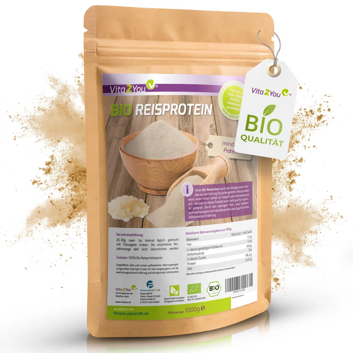 Vita2You Bio Reisprotein 1kg - Öko Anbau - 85% Protein - veganes Eiweiss - Glutenfrei - Reisproteinisolat - 1000g - Premium Qualität