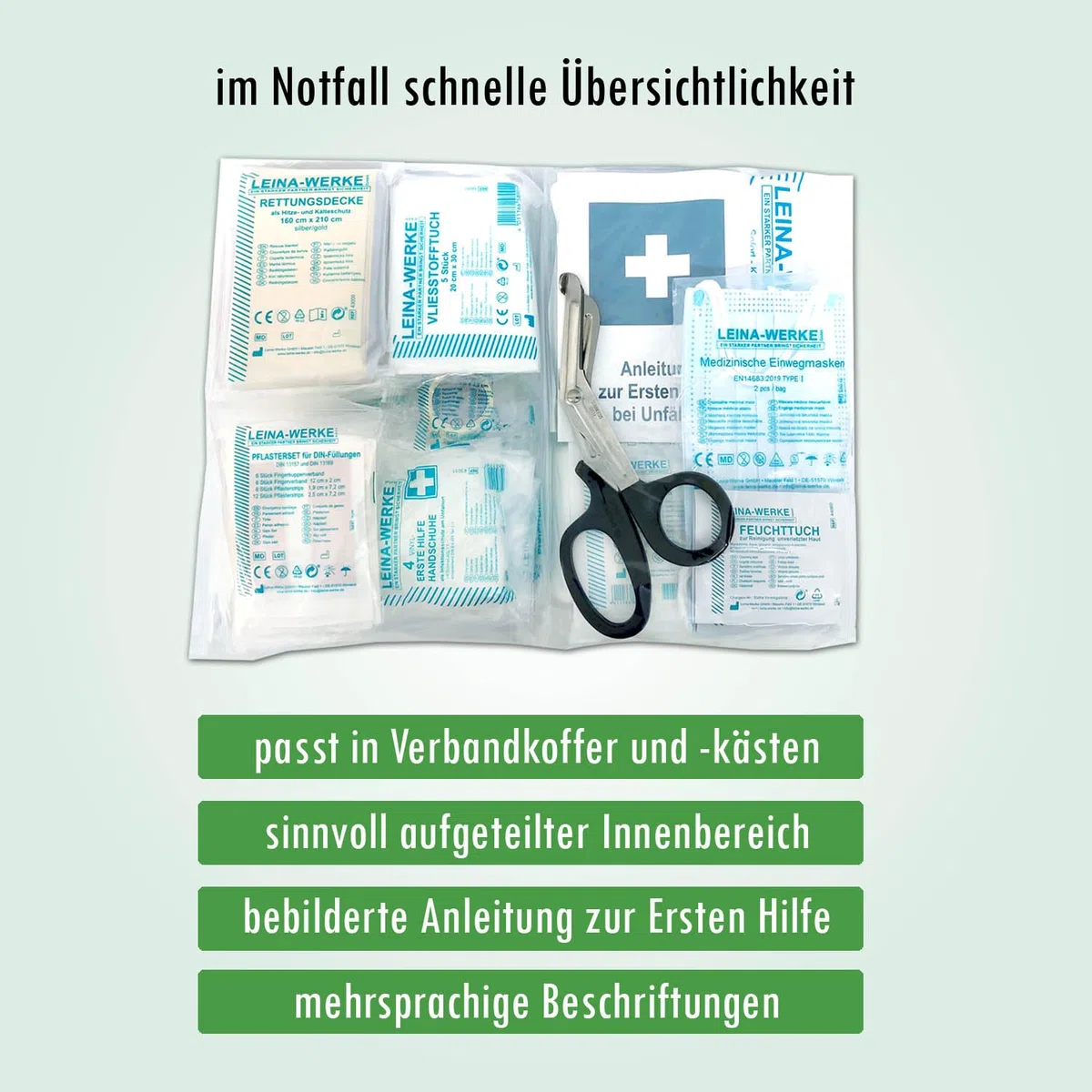 NEUE DIN 13157 − Verbandkastenfüllung Erste-Hilfe-Koffer-Füllung Nachfüllset für Verbandskasten + Erste-Hilfe-Anleitung - für Betriebe - Baustelle - öffentliche Einrichtungen LW