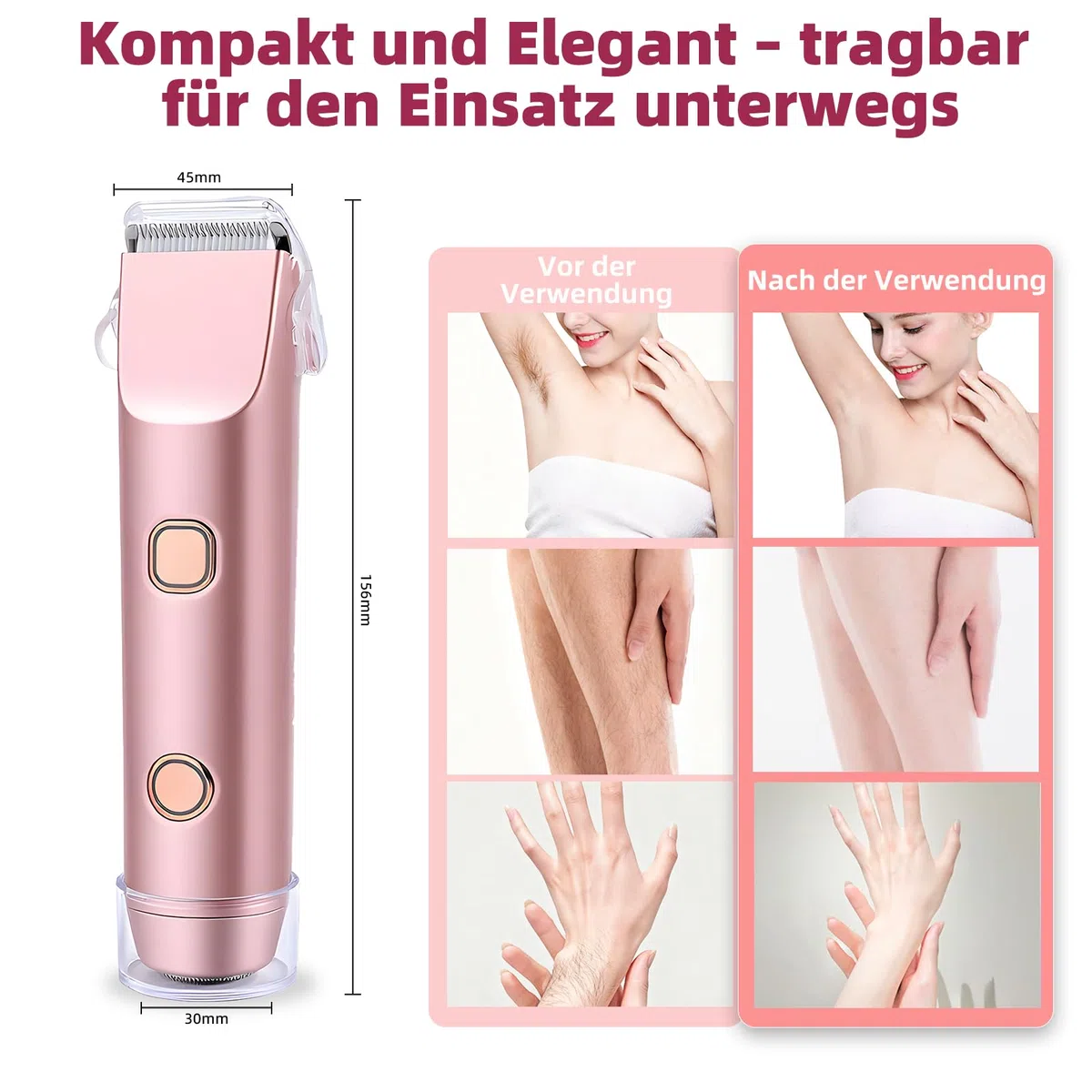 Carehabi Rasierer Damen und Intimrasierer für Frauen 2-in-1 Elektrischer Bikini Trimmer mit Keramikklinge IPX7 Wasserdicht Leiser Damenrasierer Gesichtshaarentferner Typ-C 0.14kg Roségold