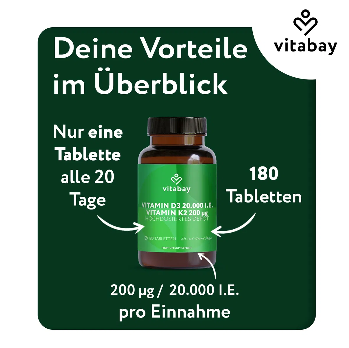 Vitabay Vitamin D3 + K2 Depot – 180 vegane Tabletten – hochdosiert – 20.000 IE Premium Vitamin D3 mit K2-MK7 All-Trans – ohne Zusätze – vegan & laborgeprüft in Deutschland – Vorrat für lange Zeit