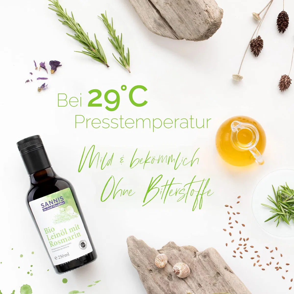 Sannis Bio-Leinöl mit Rosmarin 250 ml I Leinsamenöl aus kontrolliert biologischem Anbau I kaltgepresst & ungefiltert I reich an Omega-3-Fettsäuren I mediterranes Leinöl ideal für Fisch & Fleisch