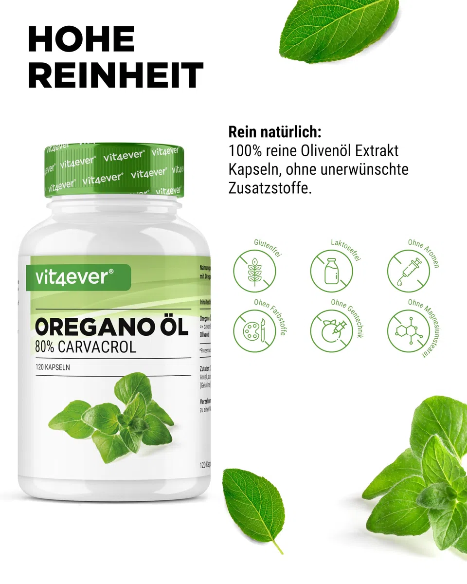 vit4ever Oregano Öl - 120 Kapseln mit 150 mg - Premium: 80% Carvacrol & 10-fach konzentriert - 100% Oreganoöl aus Frankreich - Origanum vulgare - Laborgeprüft - Hochdosiert