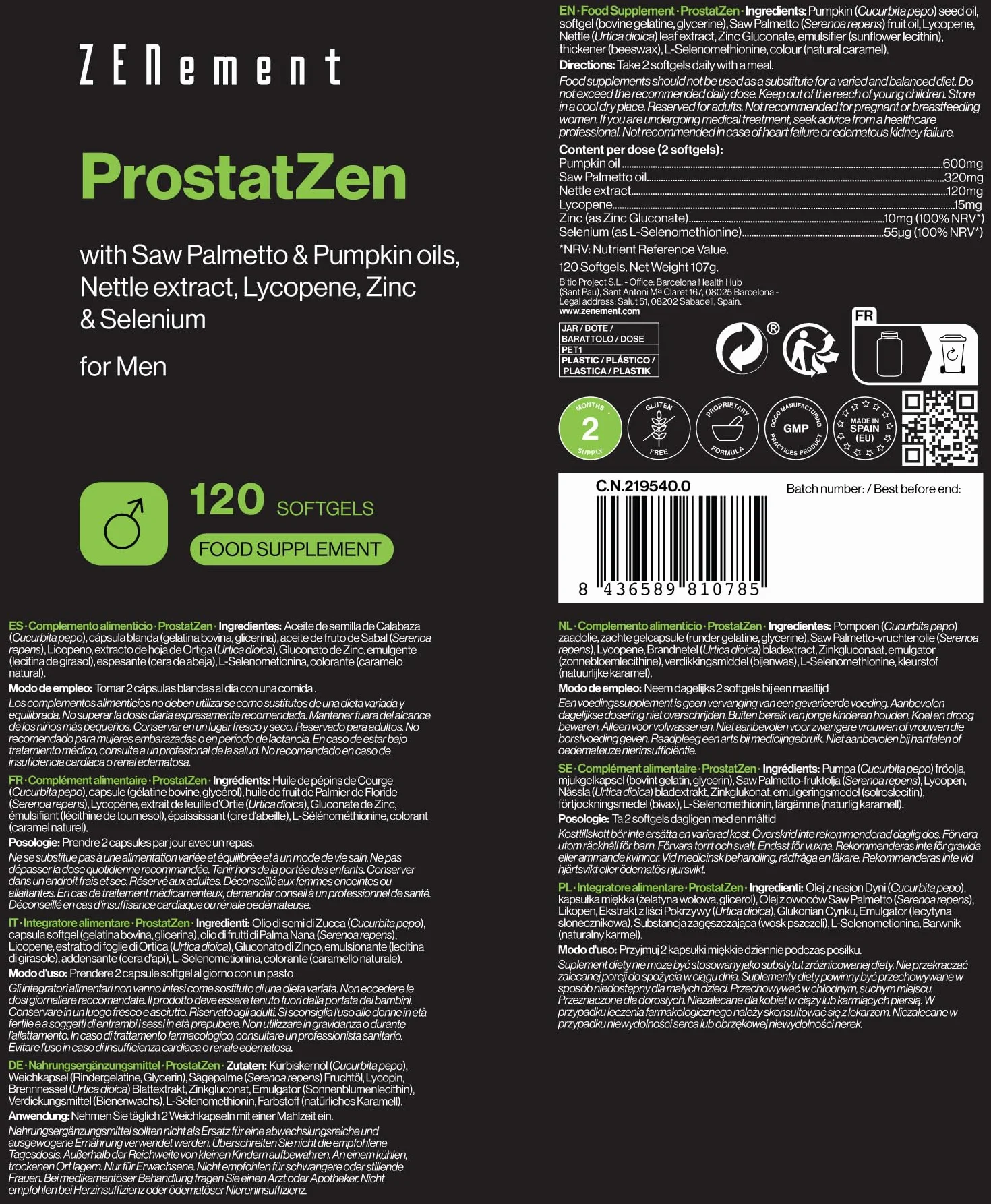 ProstatZen mit Ölen von Sägepalme und Kürbis, Brennnesselextrakt, Lycopin, Zink und Selen – Synergetische Formel für das Wohlbefinden von Männern – 120 Weichkapseln – Zenement