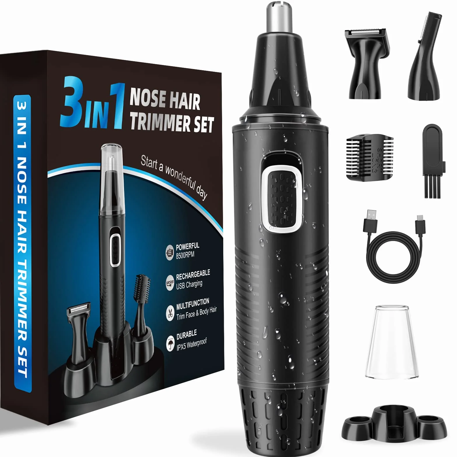 Nasenhaartrimmer, USB Wiederaufladbar Nasenhaarschneider 3 in 1 Set Ohrhaarschneider mit Doppelschneideklingen, Professioneller schmerzfreier Augenbrauen und esichtshaartrimmer für Männer und Frauen
