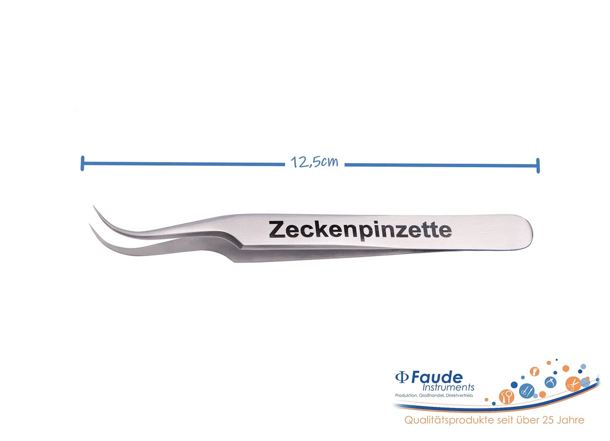 Faude Zeckenzange, Zeckenpinzette zum entfernen von Zecken jeder Größe ohne sie zu quetschen mit rund gebogen, fein spitz geschliffener Spitze, Edelstahl12,5cm (Packung mit 2)