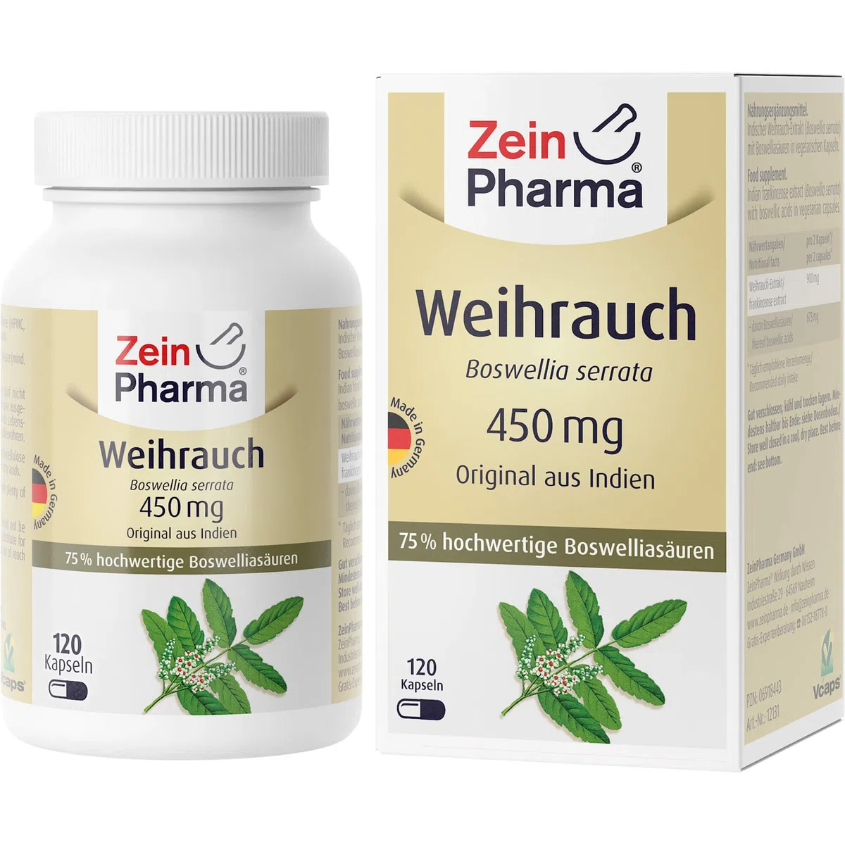 ZeinPharma Weihrauch 450 mg 120 Kapseln - Indischer Boswellia serrata Weihrauch, Kapseln mit 75% Boswellia-Säuren, Nahrungsergänzungsmittel vegan