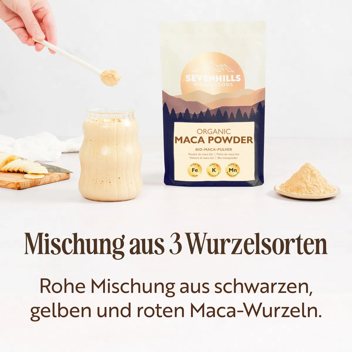 Sevenhills Wholefoods Bio-Maca-Wurzelpulver 1kg, peruanisches gelbes, rotes und schwarzes Maca, rein und naturbelassen, vegan, glutenfrei, gentechnikfrei, koscher