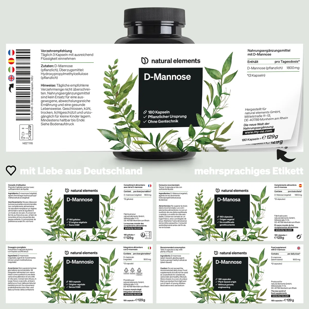 natural elements D-Mannose – 180 Kapseln – 1800mg D-Mannose pro Tagesdosis – vegan, optimal dosiert, ohne unerwünschte Zusätze – in Deutschland produziert & laborgeprüft