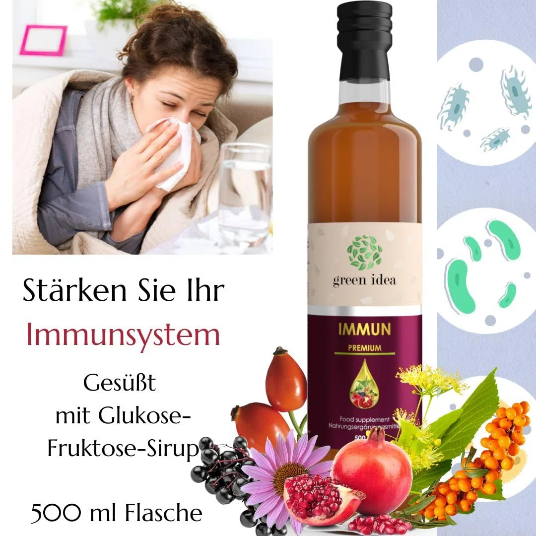 Green idea - IMMUN Sirup mit Echinacea, Beta Glucan 500 ml Spurenelementen und Vitaminen - Immunsystem stärken- große Flasche - ohne künstliche Süßstoffe - Immunsystem-Komplex - Produkt EU - VEGAN