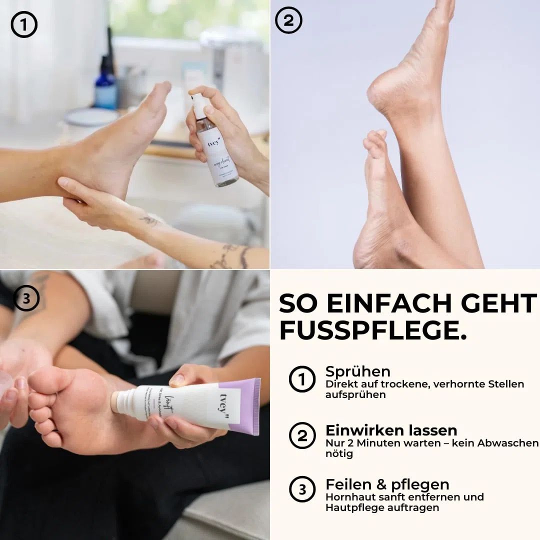 tvey" weg damit: Hornhautentferner Spray mit Soforteffekt - Mittel gegen Hornhaut und trockene Haut - mit extra viel Urea für weiche Füße - Hornhautweicher Made in Germany 100ml Vegan