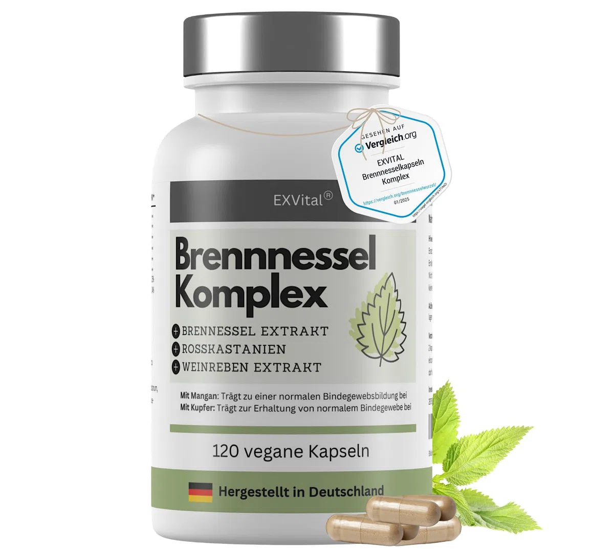 EXVital Brennnessel Kapseln Komplex mit Weinreben & Rosskastanien Extrakt, 800mg Brennnessel Extrakt pro Tag, 120 vegane Kapseln, Clever mit Mangan & Kupfer, vegan & ohne Zusätze