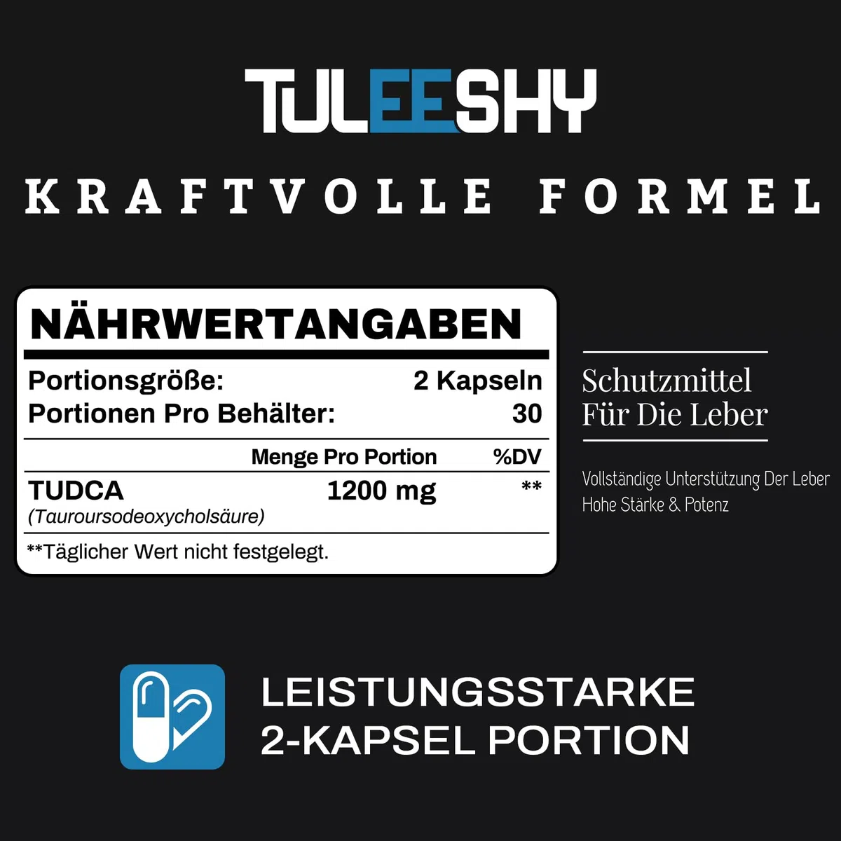 TUDCA Kapseln - Hochdosiertes Nahrungsergänzungsmittel mit Tauroursodesoxycholsäure | 1200 mg pro Portion, 60 Kapseln | Glutenfrei, ohne Gentechnik