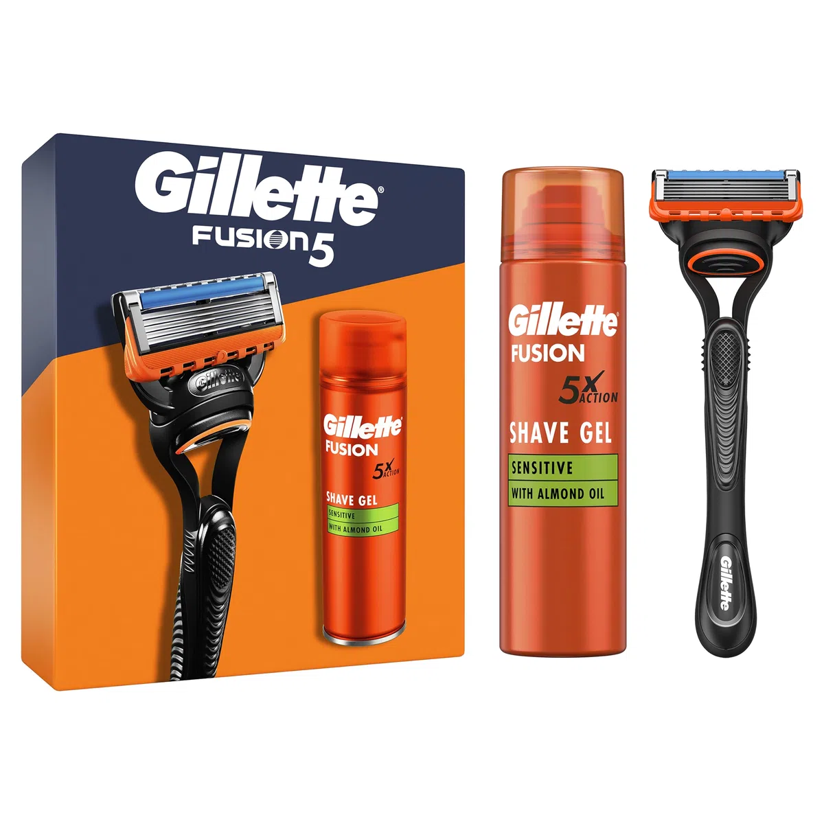 Gillette Fusion 5 Nassrasierer Herren, Geschenkset + 1 Ersatzklinge + Fusion Ultra Sensitive Rasiergel 200 ml, Geschenk für Männer