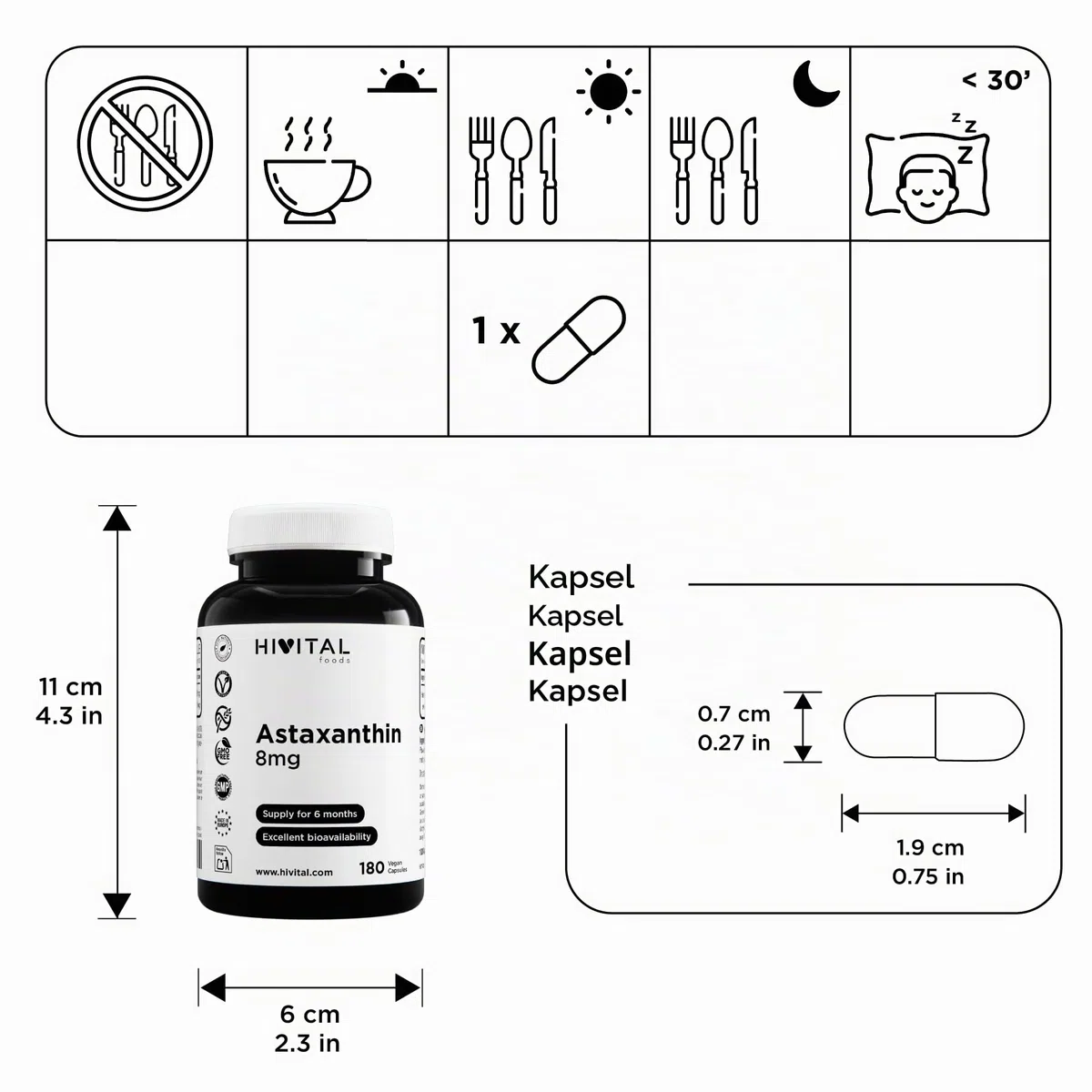 Astaxanthin 8 mg. 180 vegane Kapseln für eine 6-monatige Kur. Hergestellt aus 160 mg der natürlichen Alge Haematococcus Pluvialis mit 5% Astaxanthin, liefert also 8 mg reines Astaxanthin. Von Hivital