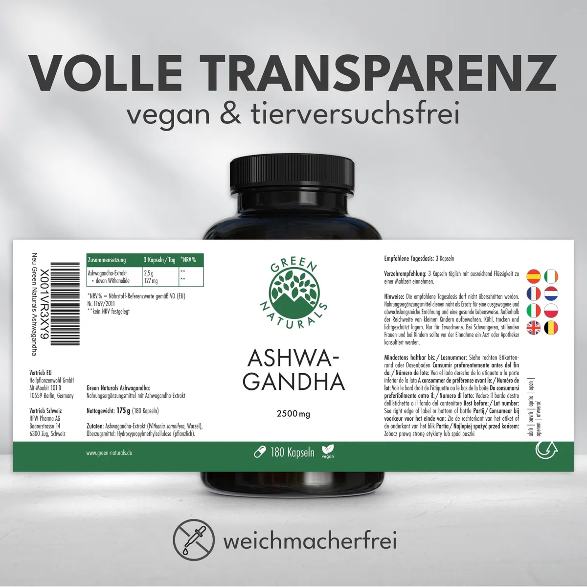 Green Naturals Ashwagandha – Hochdosiert: 2.500 mg Wurzel-Extrakt | 127 mg Withanolide · Ohne Ethanol-Extraktion · 180 Kapseln · 2-Monatsvorrat