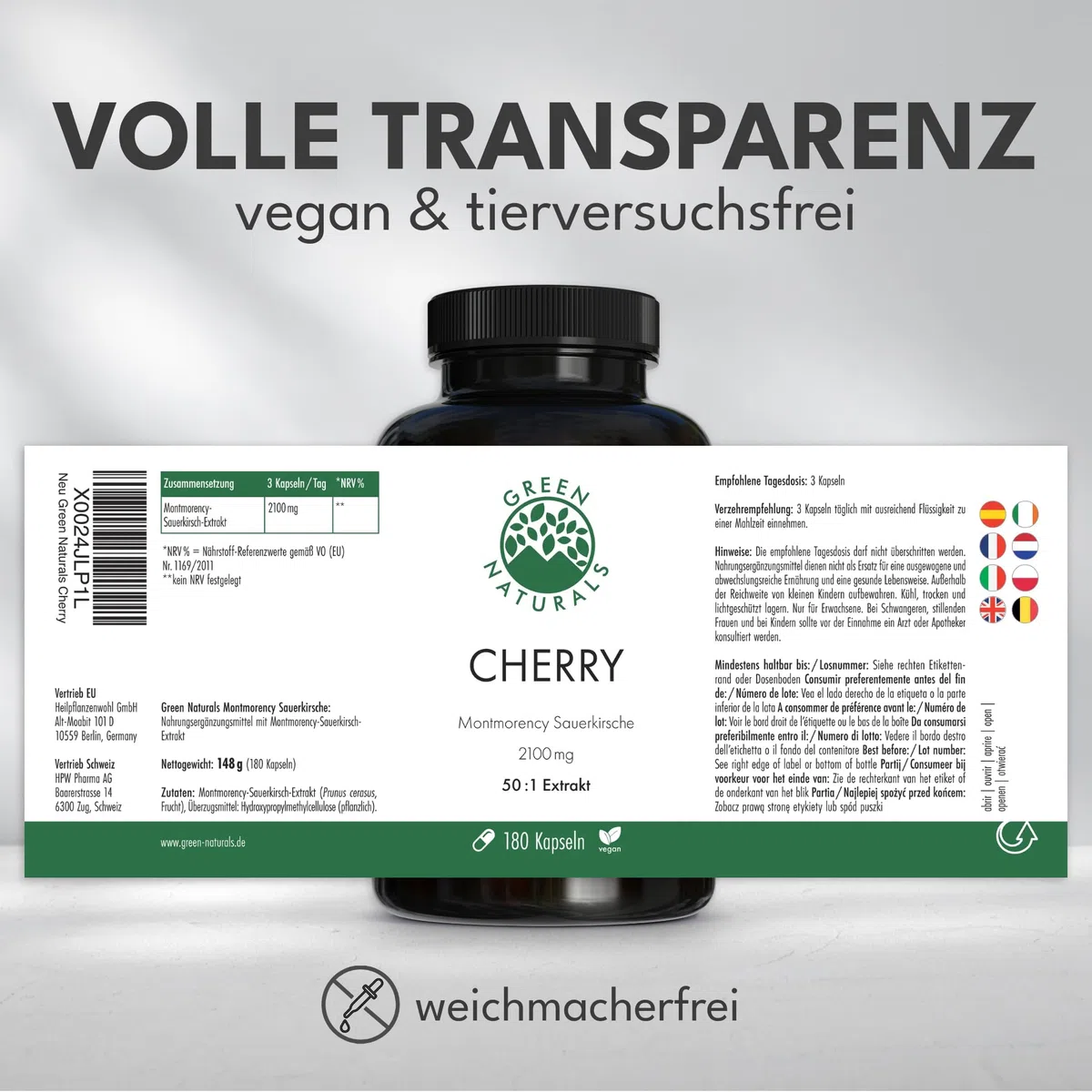 Green Naturals Montmorency Sauerkirsche – Hochdosiert: 2.100 mg Extrakt | 50:1 pro Tagesdosis · Entspricht 105.000 mg Sauerkirsch-Frucht · Aus der ganzen Frucht · 180 Kapseln