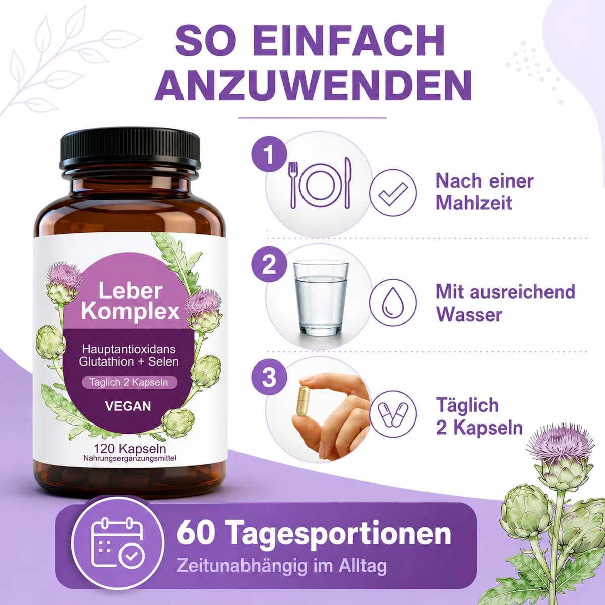 Leber Komplex, Mariendistel Kapseln, Artischocke, Löwenzahn, Kurkuma, Glutathion & Cholin, Vegan