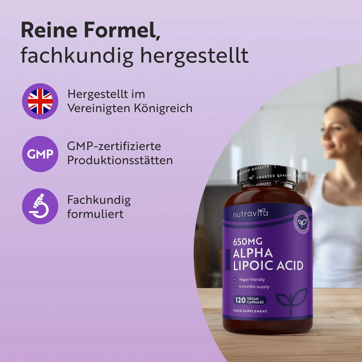 Nutravita Alpha Liponsäure 650 mg - 120 ALA Kapseln - 4-Monatsvorrat - Vegan Alpha Liponsäure Kapseln Hochdosiert Ohne synthetische Bindemittel oder Füllstoffe - Hergestellt im Vereinigten Königreich