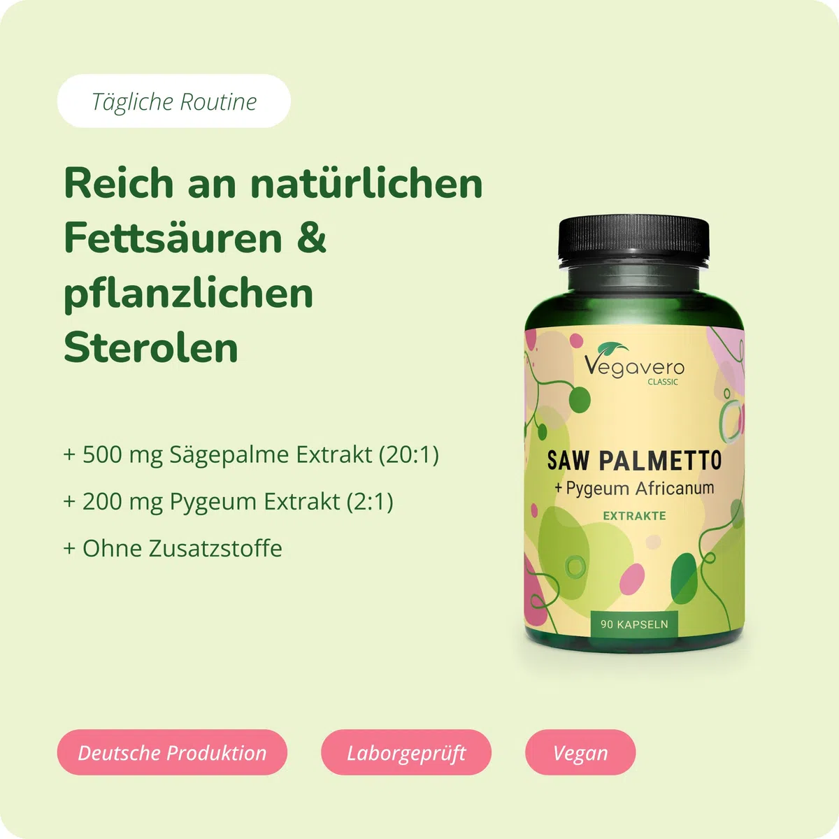 Sägepalme + Pygeum Africanum Vegavero | 500 mg Sägepalmenextrakt (20:1) & 200 mg Pygeum Extrakt (2:1) | 45% Fettsäuren & 10% Sterole | Vegan - Ohne Zusätze | 90 Kapseln
