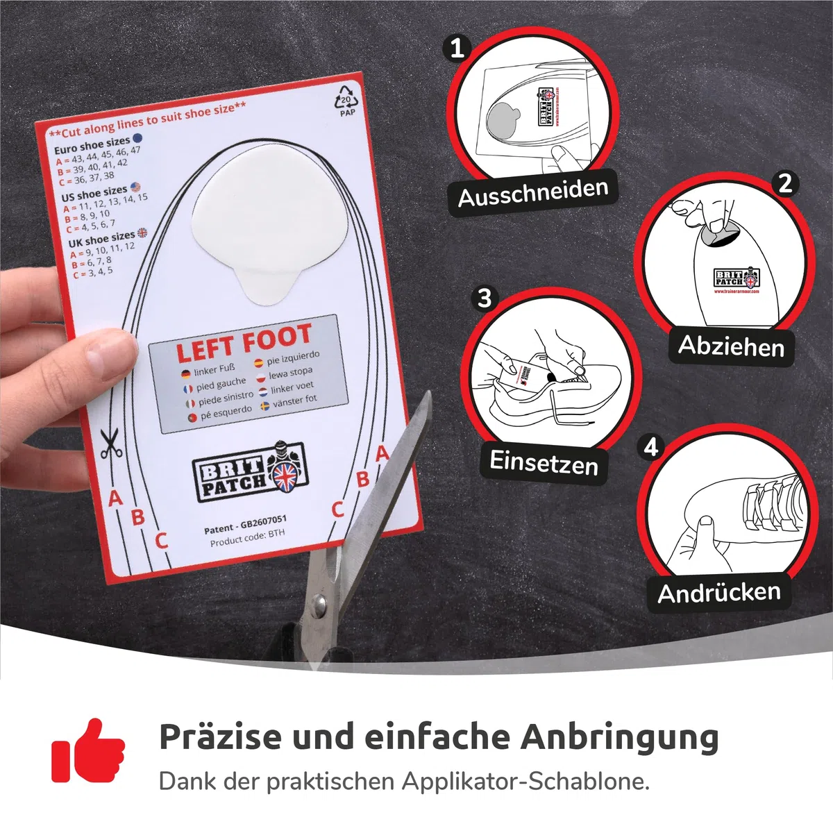 Zehenloch Schutz (BIG TOE HOLE PREVENTER) Selbstklebende Flicken zum Reparieren & Vorbeugen von Löchern am großen Zeh. Ideal für Sneaker und Sportschuhe. BRIT PATCH. [Schwarz, 4 Stk. (L+R) SPARPACK]