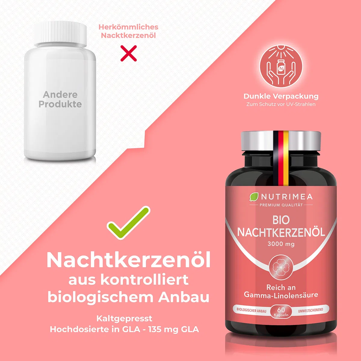 Nachtkerzenöl Bio - 1500 mg davon 135 mg GLA Tagesdosis - kaltgepresst &100% natürlich - Nahrungsergänzungsmittel bei PMS & Hautunreinheiten - Premium-Qualität - 60 Kapseln - Nutrimea