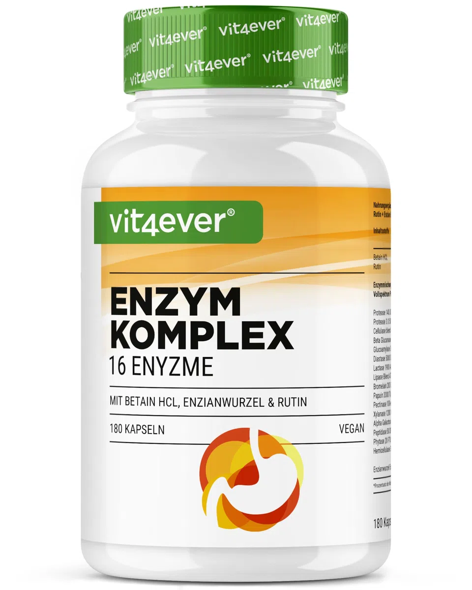 vit4ever Verdauungsenzyme - 180 Kapseln - magensaftresistent & hochdosiert | Mit Betain HCL, Rutin, Enzianwurzel + 16 Enzyme: Bromelain, Papain, Amylase, Lipase, Protease, Laktase, 90 Tage Vorrat, Vegan