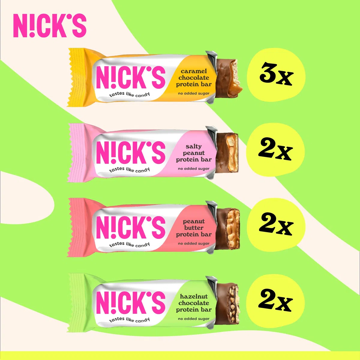 N!CK'S Protein Riegel Mix Box, 4 Sorten, 9x50g | Ohne Zuckerzusatz, 15g Eiweiß (30%), 5g Kollagen, Kalorienarm, Glutenfrei