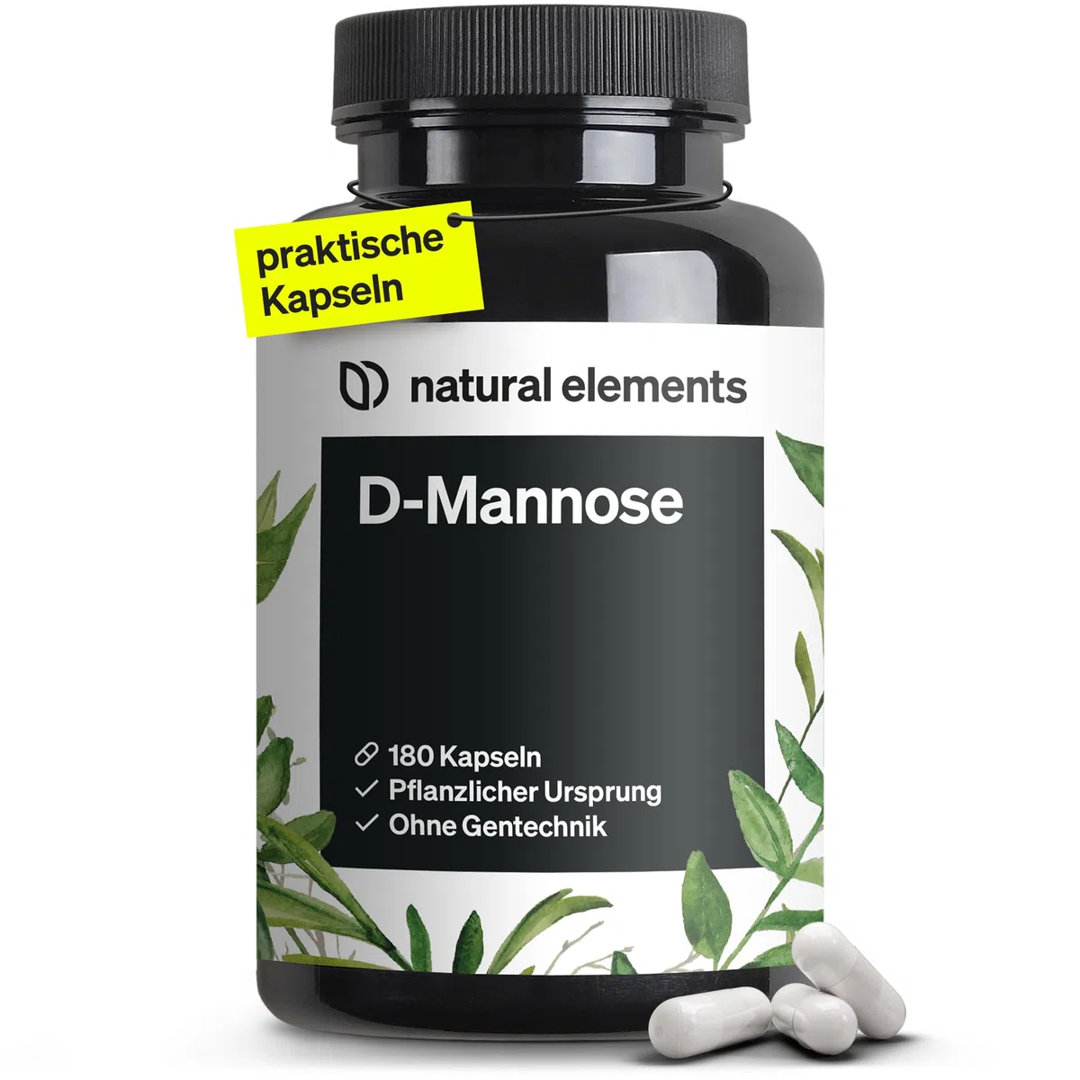 natural elements D-Mannose – 180 Kapseln – 1800mg D-Mannose pro Tagesdosis – vegan, optimal dosiert, ohne unerwünschte Zusätze – in Deutschland produziert & laborgeprüft
