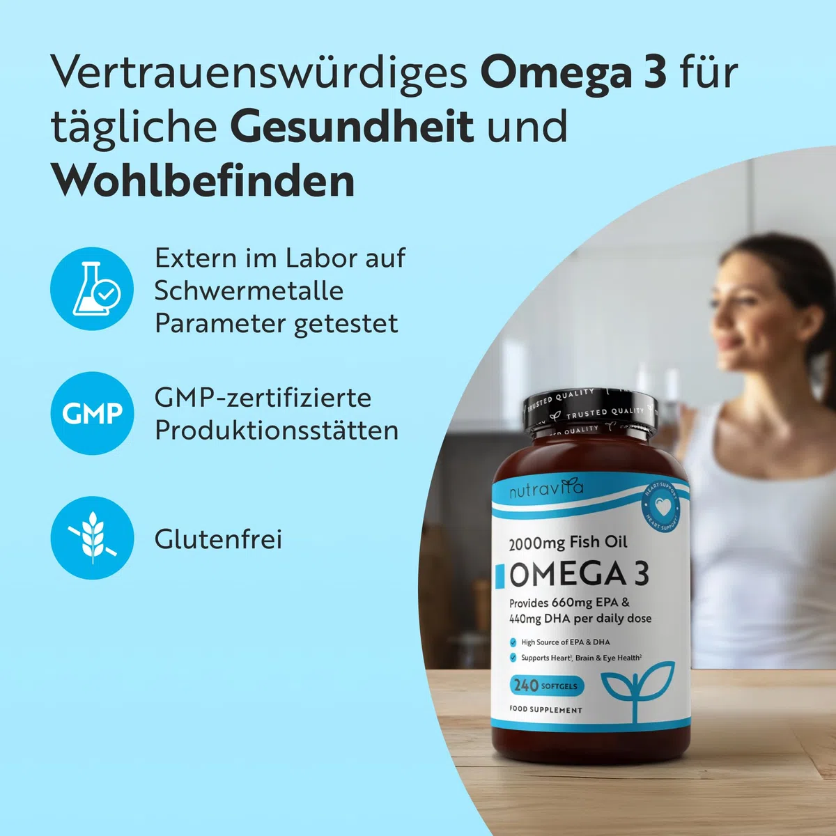 Nutravita Omega 3 Kapseln Hochdosiert 2000mg Fischöl Kapseln, 660mg EPA un 440mg DHA - 240 Weichkapseln für 4 Monate - Omega 3 EPA & DHA - Unterstützt die Gesundheit von Herz, Gehirn und Augen (EFSA)