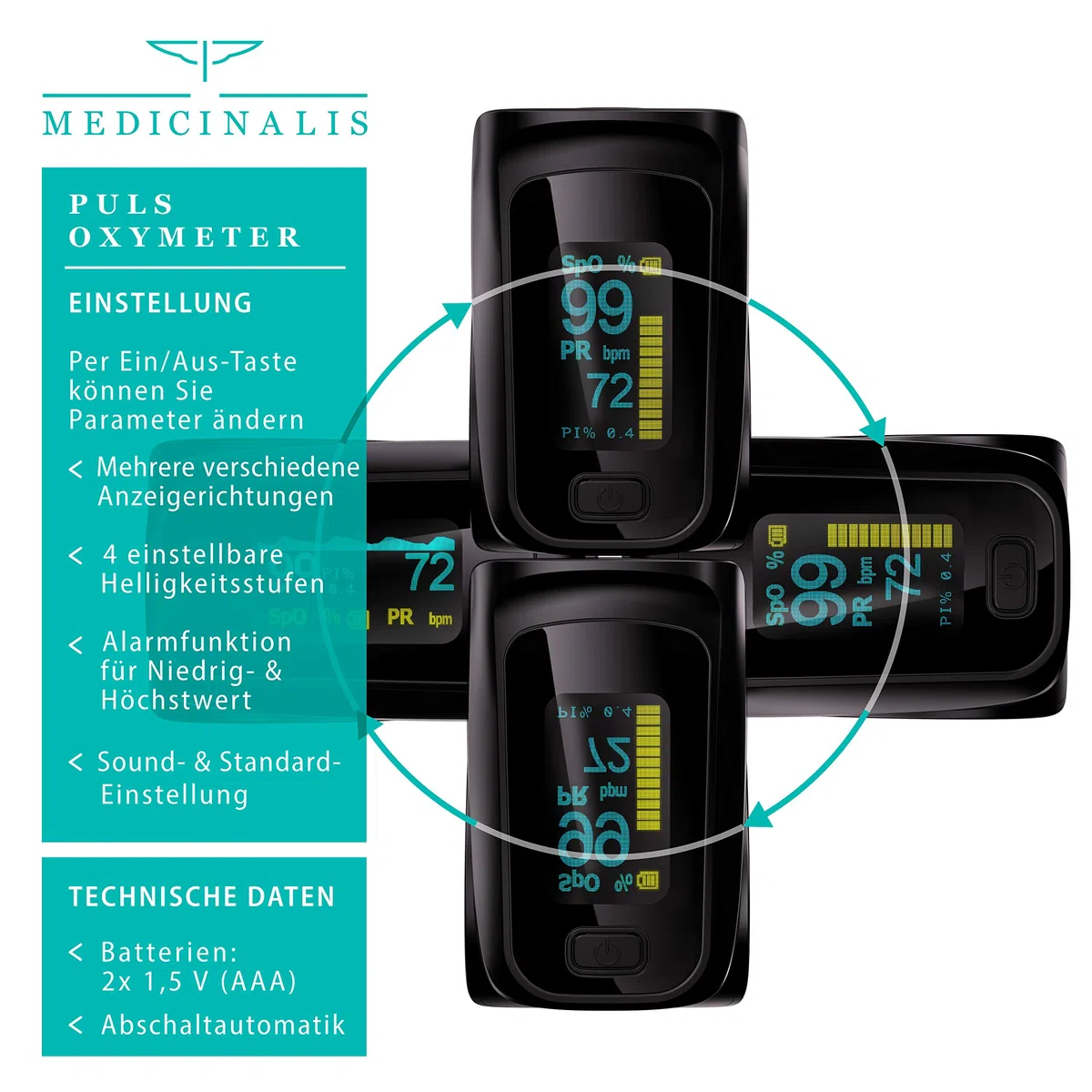 Medicinalis - Fingerpulsoximeter, Pulsoximeter, Messung von Sauerstoffsättigung (SpO₂), Herzfrequenz (Puls) und Perfusions Index (PI), schmerzfreie Anwendung