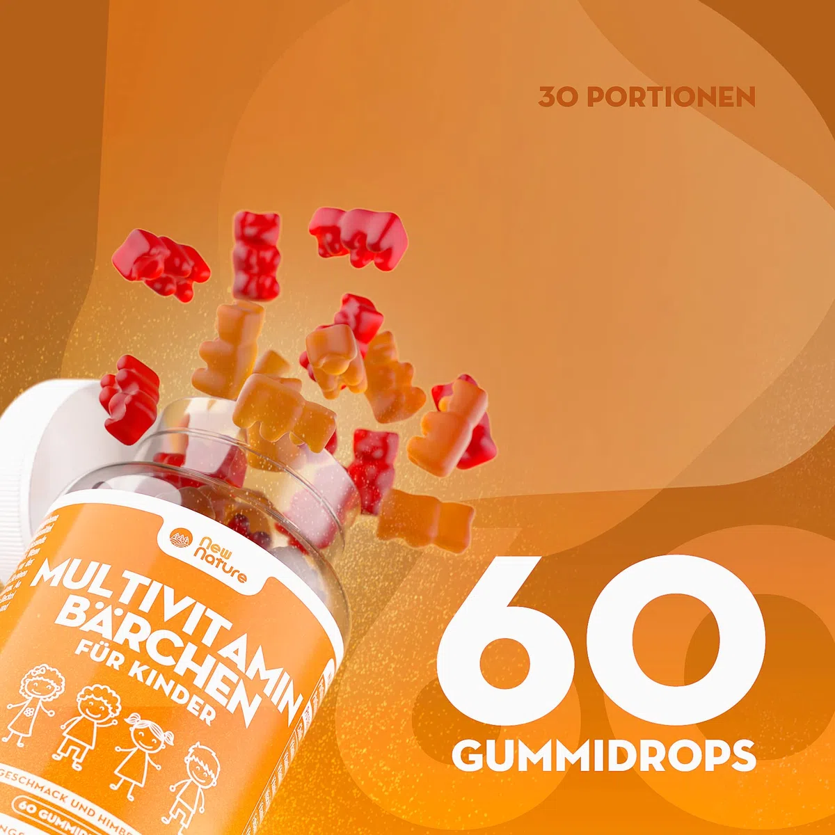 Kinder Multivitamin Fruchtgummis mit Zink, Vitamin C & Vitamin D - Vitamine für Kinder ab 3 Jahren - Zink für das Immunsystem - Kindervitamine (60 Gummis)