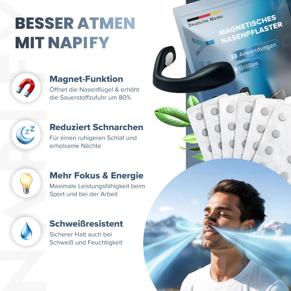 Nasenpflaster Magnet (32 Tage) – Nasenpflaster Magnetisch gegen Schnarchen – Starker Kleber aus Deutschland – für freies Atmen, Sport-Performance & mehr Fokus Anti Schnarch Schnarchstopper