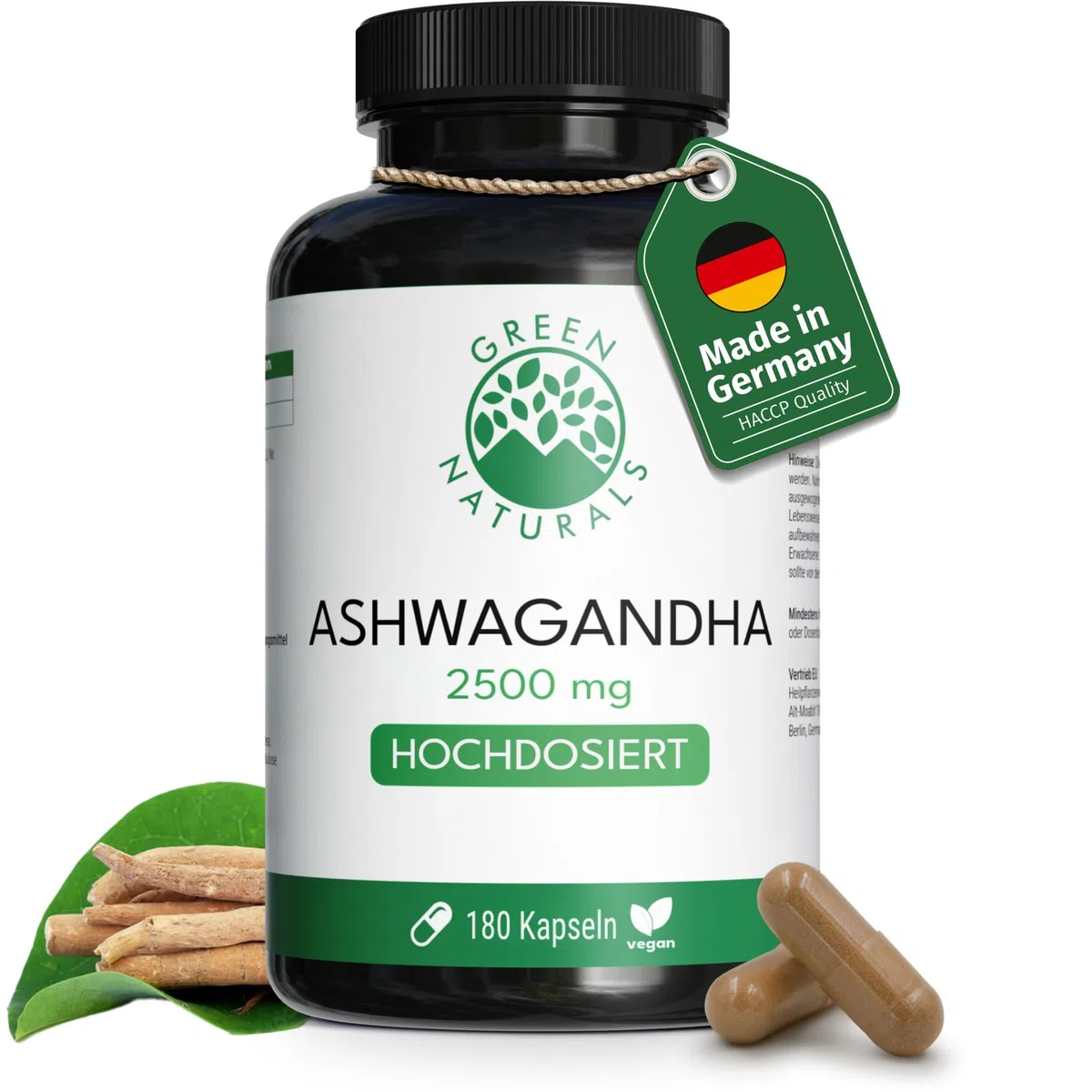 Green Naturals Ashwagandha – Hochdosiert: 2.500 mg Wurzel-Extrakt | 127 mg Withanolide · Ohne Ethanol-Extraktion · 180 Kapseln · 2-Monatsvorrat