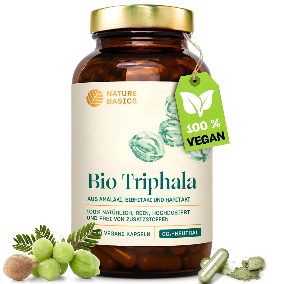Bio Triphala - 180 Kapseln hochdosiert / 1500 mg Triphala Pulver pro Tagesdosis/Hochwertige Ayurveda Nahrungsergänzung/Vegan, Zertifiziert & Nachhaltig im Glas