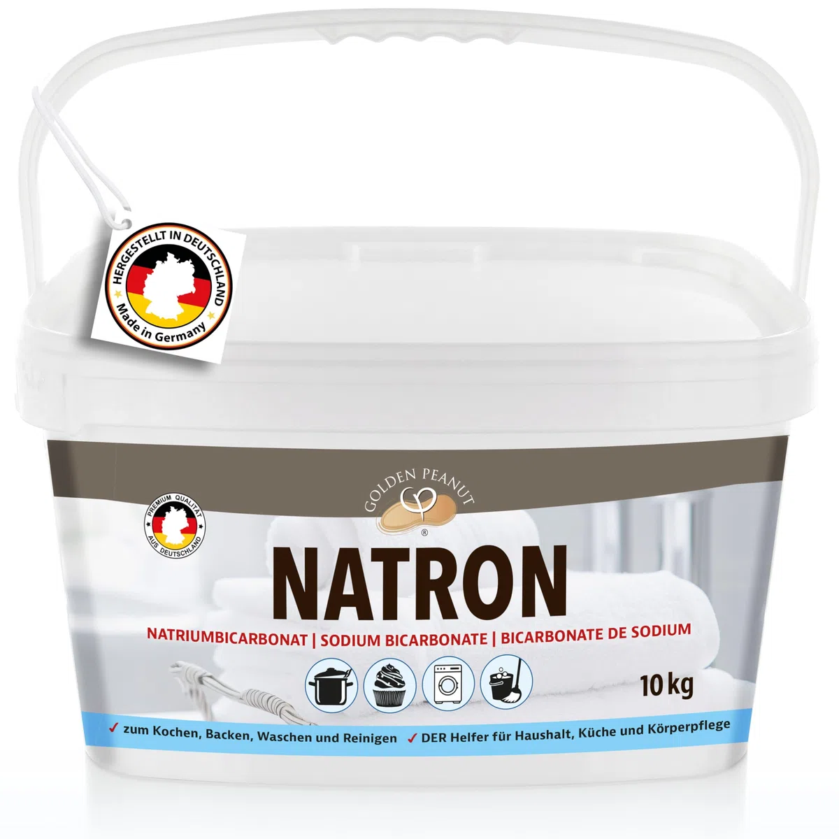 GOLDEN PEANUT Natron Pulver 10 kg, Premium Natriumhydrogencarbonat, Backsoda, Backpulver, Waschsoda, hochreine Lebensmittelqualität aus Deutschland