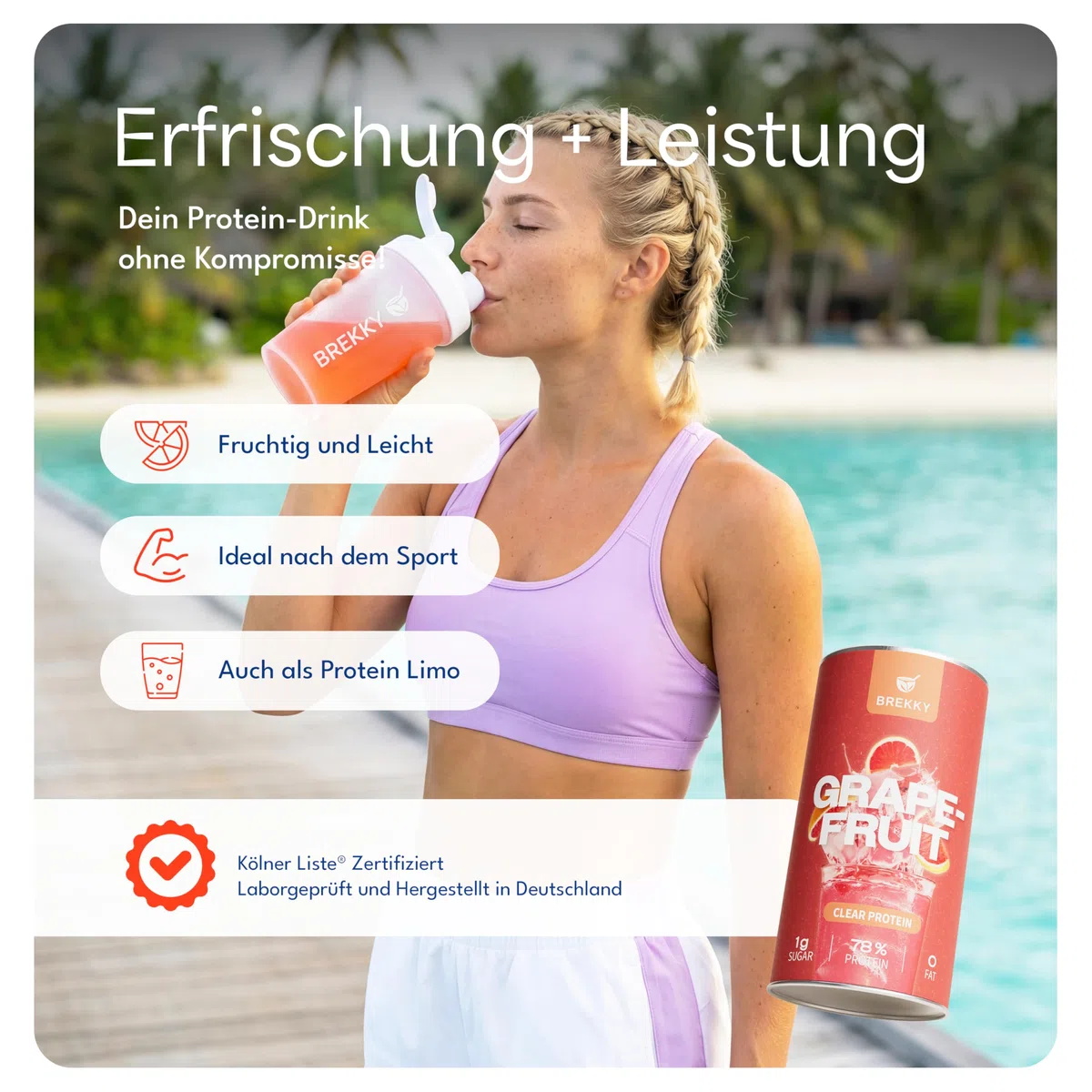 BREKKY - Vegan Clear Protein GRAPEFRUIT - spritziger & leckerer Shake - pflanzliche Clear Whey Protein Alternative auf Erbsenprotein Basis - Brekky Bowl