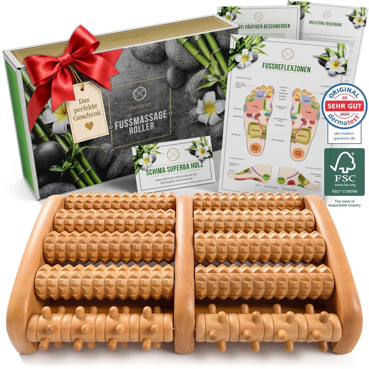 HELDSON® Fußmassageroller Holz - FSC®100% - Fußmassagegerät - Massage Roller für Fußmassage - Foot Massager - Fussmassageroller - Fussmassagegerät - Massagegerät für Füße - Fersensporn