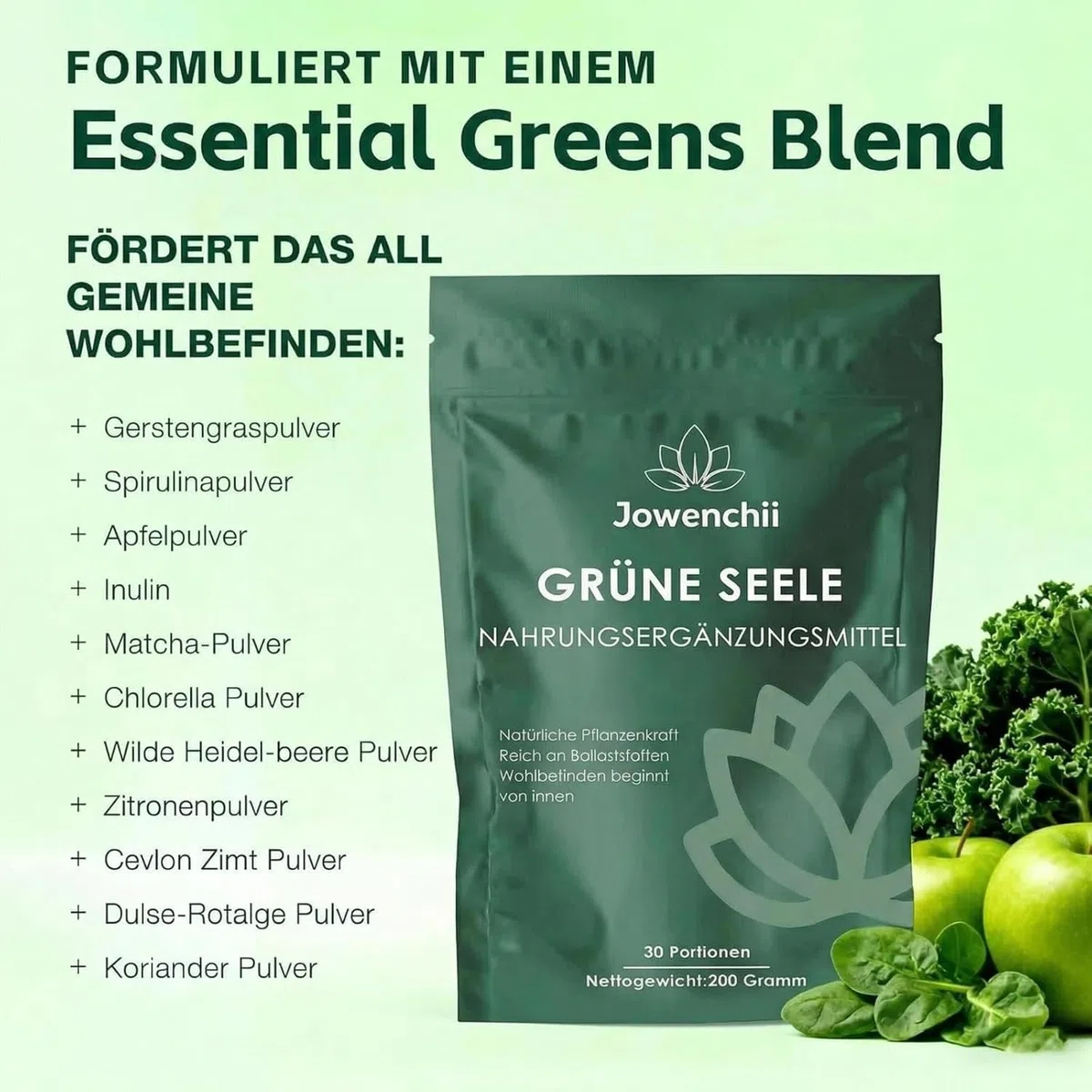 Grüne Entgiftungspulver, 200g Superfood Pulver, Greens Pulver helfer, Pflanzenpulver mit Matcha, Gerstengras, Heidelbeeren, Rich in Macronutrients, Micronutrients & Fiber