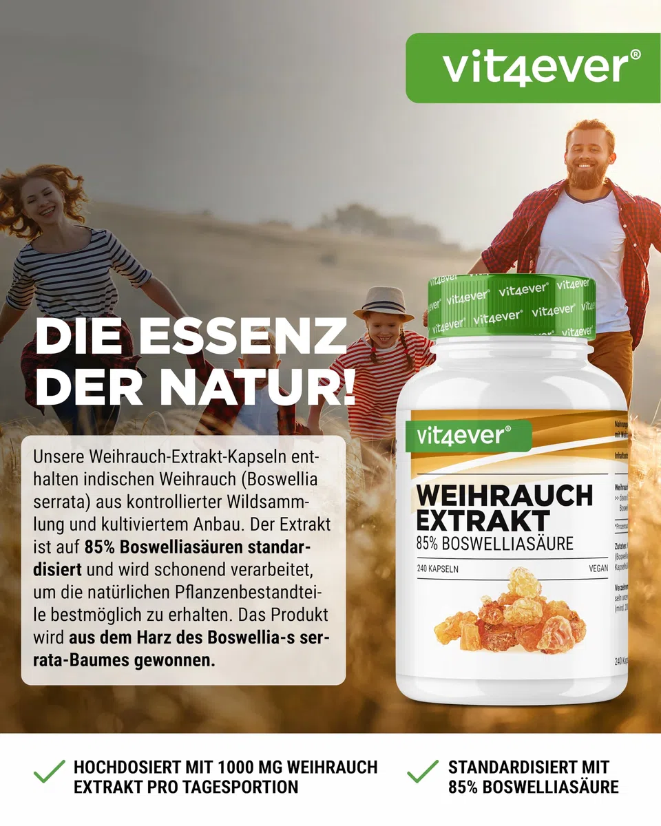 vit4ever Weihrauch Extrakt - 240 vegane Kapseln - 1000 mg pro Tagesportion - Mit 85% Boswelliasäuren aus echtem indischen Boswellia serrata - Hochdosiert & Premiumqualität