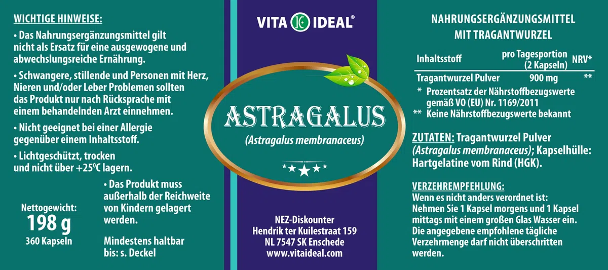 Astragalus - Wurzel 360 Kapseln - Astragalus membranaceus - Tragant - Tragantwurzel - Tagesportion 900mg Astragaluswurzel reines Pulver, ohne Zusatzstoffe