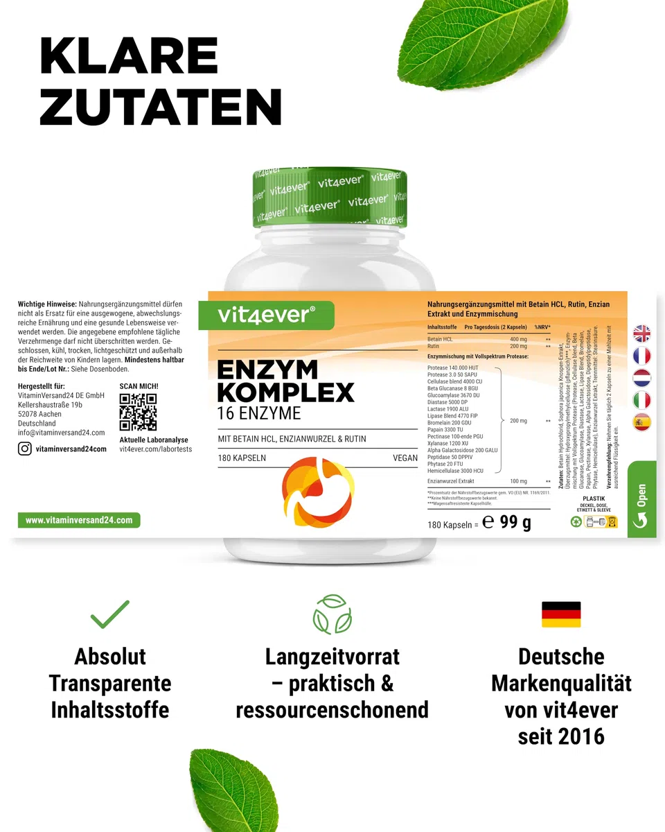 vit4ever Verdauungsenzyme - 180 Kapseln - magensaftresistent & hochdosiert | Mit Betain HCL, Rutin, Enzianwurzel + 16 Enzyme: Bromelain, Papain, Amylase, Lipase, Protease, Laktase, 90 Tage Vorrat, Vegan