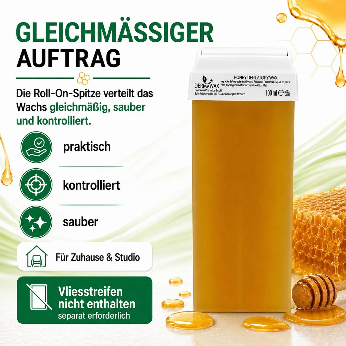 DERMAWAX Roll-On Wachswärmer Set – 25W, 230V – Inkl. Honig Roll-On Warmwachs 100 ml – Profi Haarentfernung mit Wax Strips – Schnelle & einfache Enthaarung für Beine, Arme, Achseln und Rücken