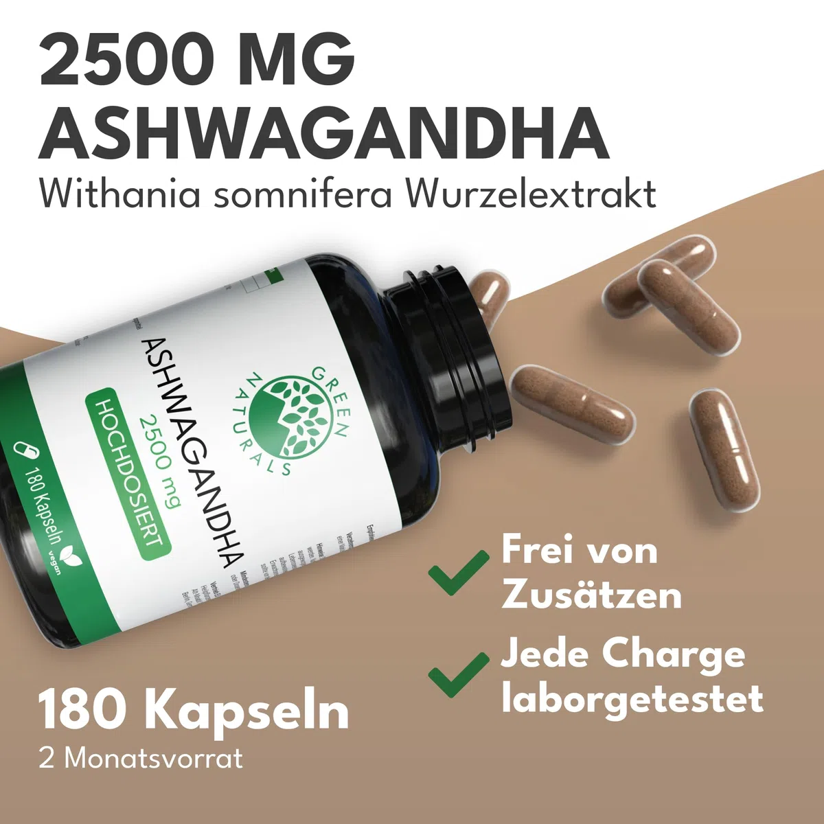 Green Naturals Ashwagandha – Hochdosiert: 2.500 mg Wurzel-Extrakt | 127 mg Withanolide · Ohne Ethanol-Extraktion · 180 Kapseln · 2-Monatsvorrat