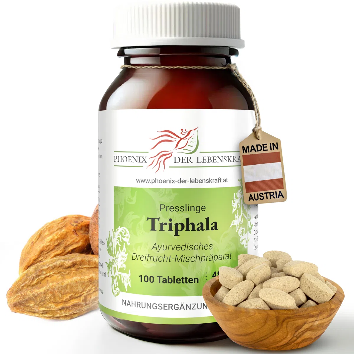 Triphala Tabletten à 480 mg Wirkstoff (Dreifrucht, Haritaki, Amalaki und Bibhitaki), 100 Tabletten, Premium Qualität, Tabletten statt Kapseln, Hergestellt in Österreich, Vegan