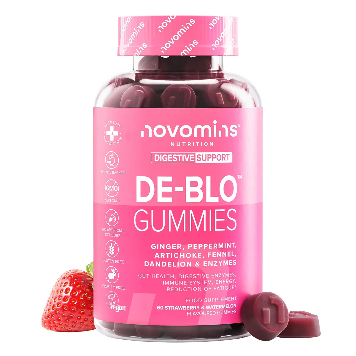 De-Blo Gummies – Verdauungsenzyme Supplement mit Bromelain, Inulin, Pfefferminze, Ingwer & Probiotika für die Darmgesundheit, Apfelessig – Glutenfrei & Vegan – 60 Gummis – Novomins