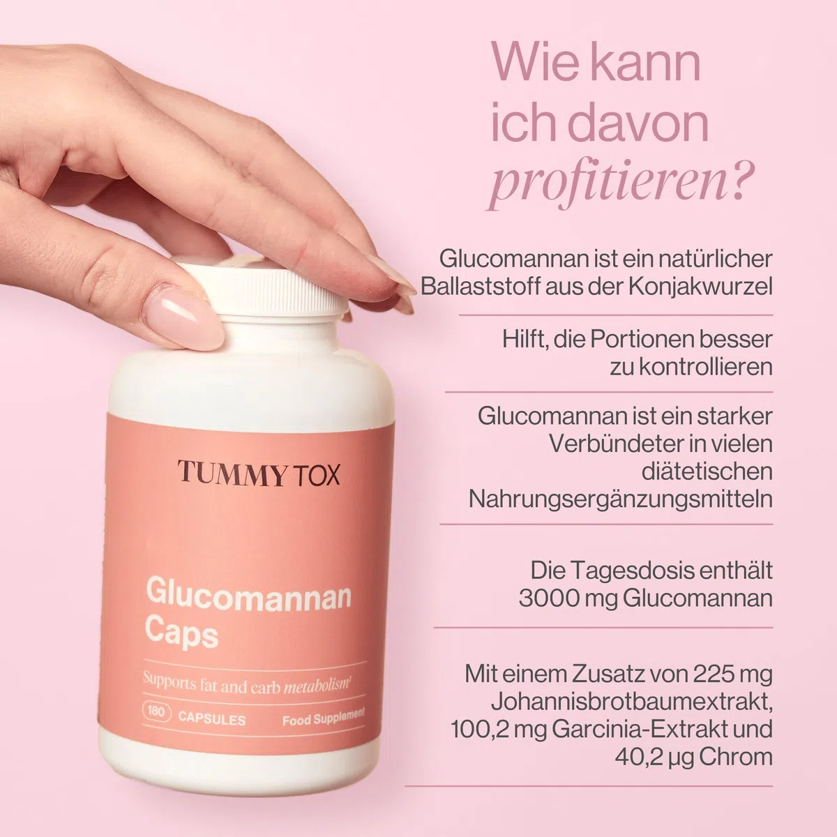 Glucomannan (Konjac) 3000 mg, Chrom, Garcinia Cambogia und Johannisbrot - Appetit - 180 Hochdosierte Vegane Kapseln - Tummy Tox