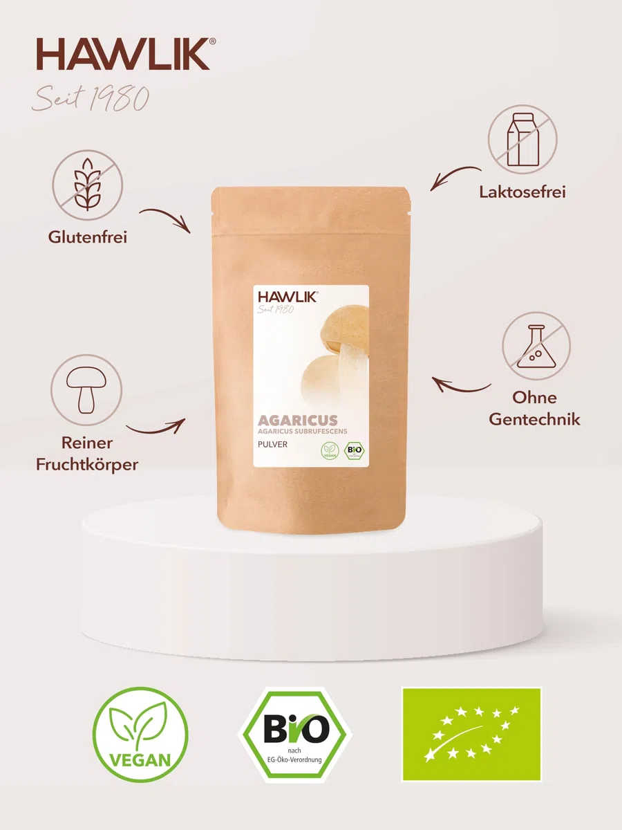 HAWLIK Vitalpilze Agaricus Pulver - 100g im Standbodenbeutel - Ideal Zum Untermischen - Natürlicher Anbau - Schonende Trocknung - Vegan