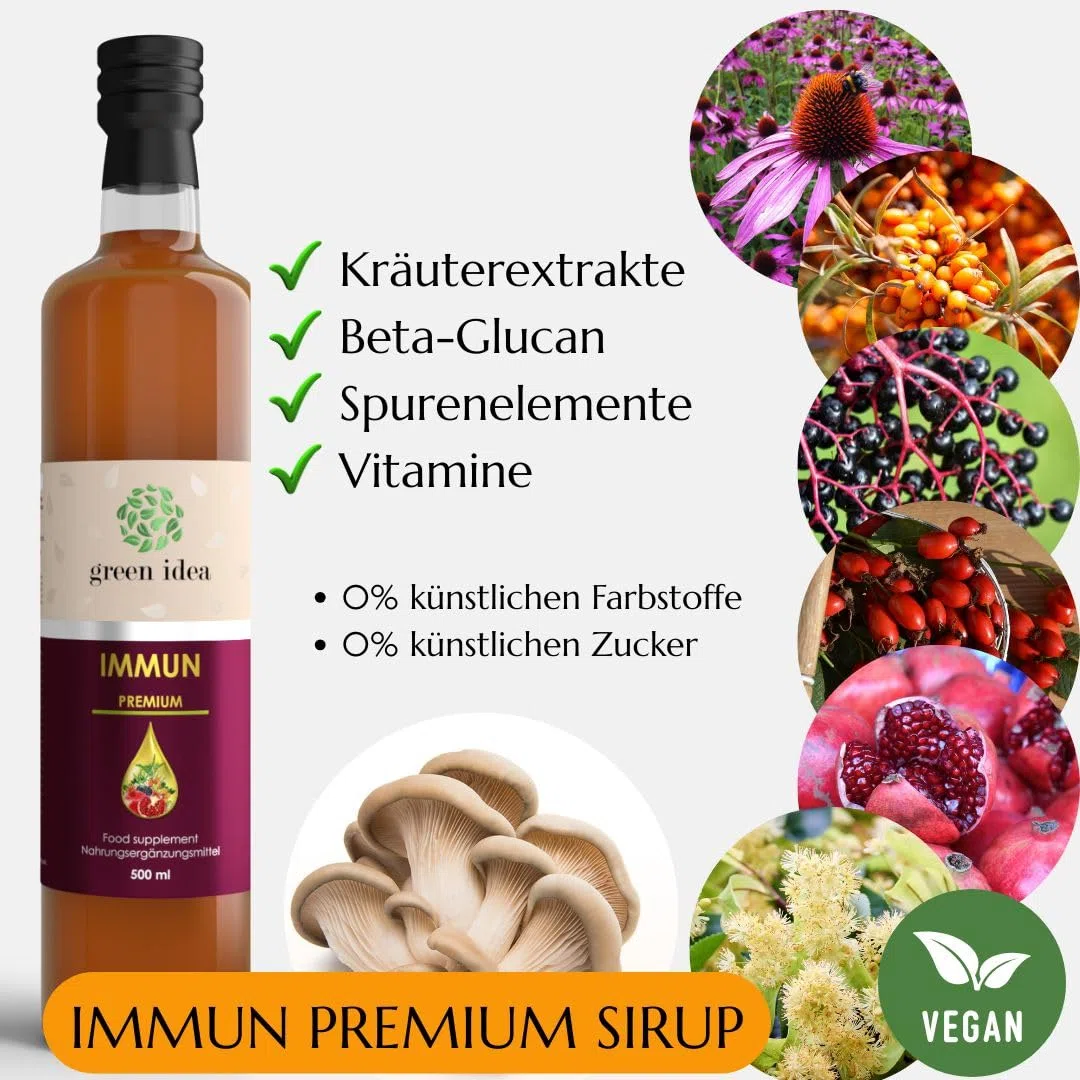 Green idea - IMMUN Sirup mit Echinacea, Beta Glucan 500 ml Spurenelementen und Vitaminen - Immunsystem stärken- große Flasche - ohne künstliche Süßstoffe - Immunsystem-Komplex - Produkt EU - VEGAN