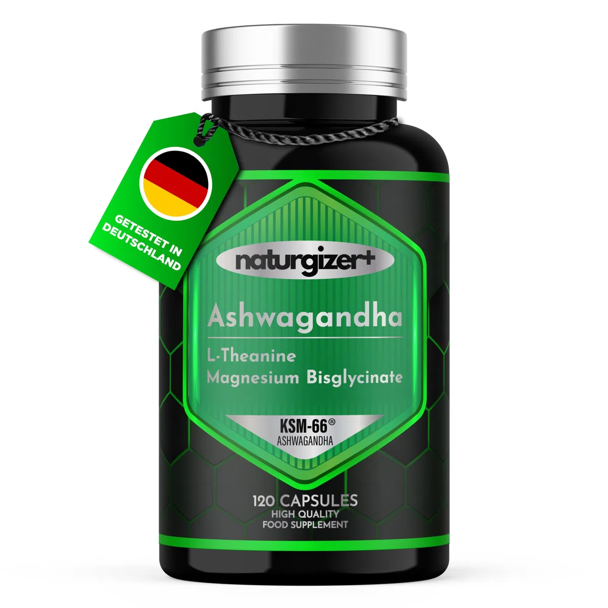 Ashwagandha KSM-66 mit L-Theanin und Magnesiumbisglycinat | 3-in-1-Komplexformel für deine tägliche Wellness-Routine | Hohe Reinheit | 120 vegane Kapseln | Naturgizer+