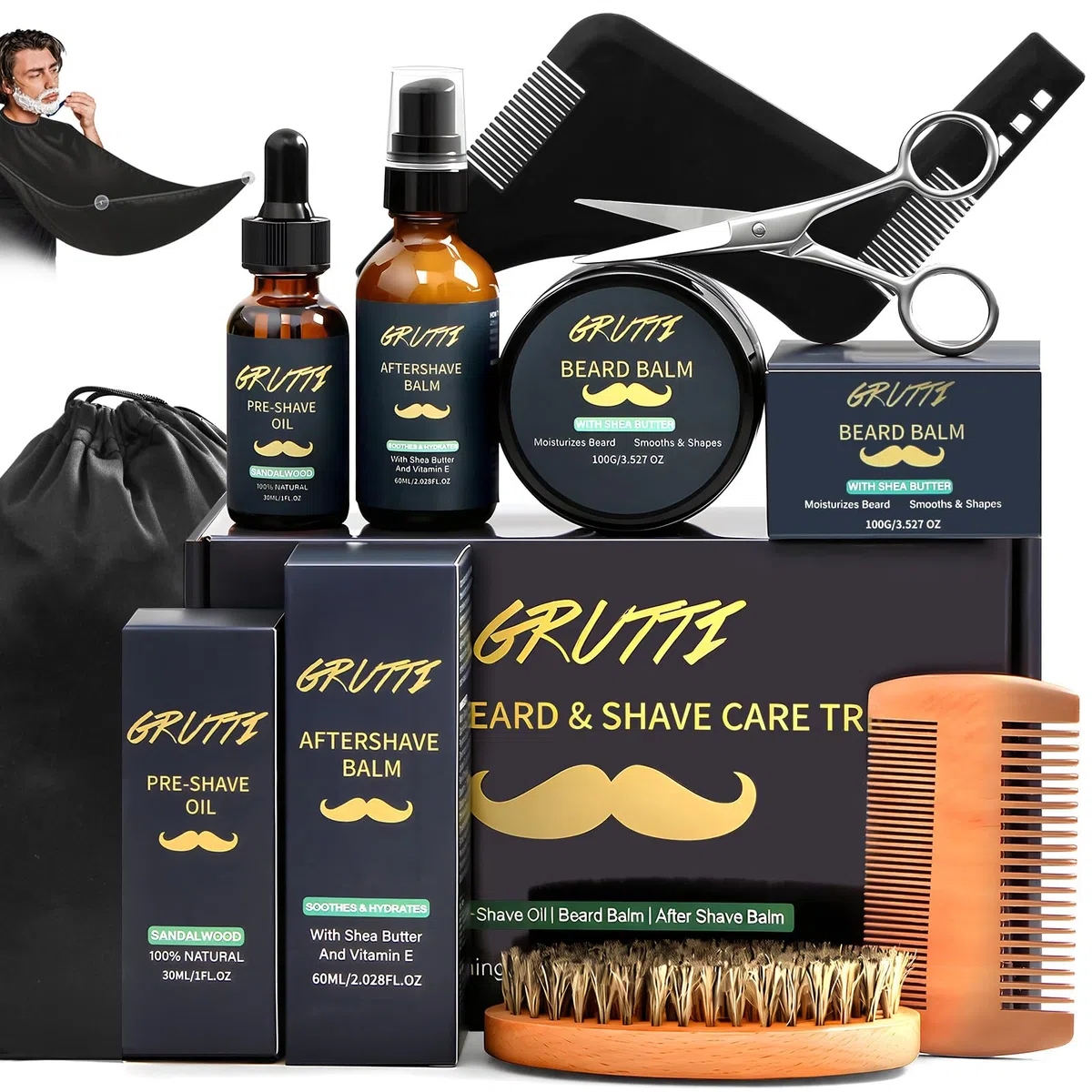 Bartpflege-Set für Herren mit Vorrasuröl, Bartbalsam, After-Shave-Creme, Bartbürste, Kamm, Schere, Stylingkamm, Schal und Aufbewahrungstasche – Geschenkset für Ihn, Papa und Ehemann; Vatertag